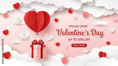 Valentine's Day sale banner with floating hearts, a gift box, and text 'Special Offer - Up to 50% Off - Shop Now'. Ideal for e-commerce promotions.