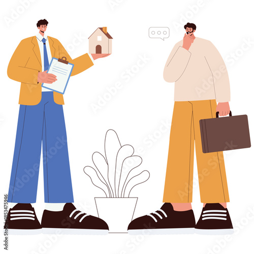 Flat illustration of a real estate agent presenting a house model to a client during a property consultation process.