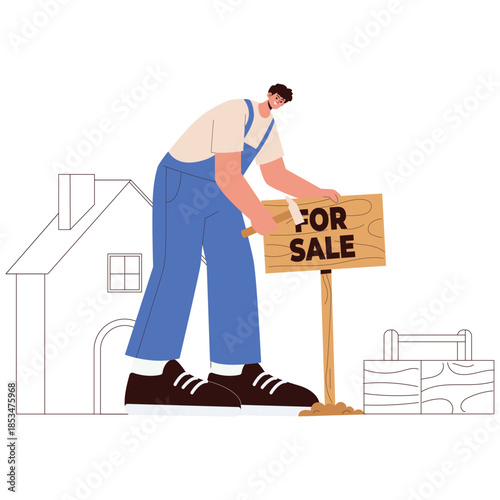 Flat illustration of a worker installing a for sale sign in front of a residential house.