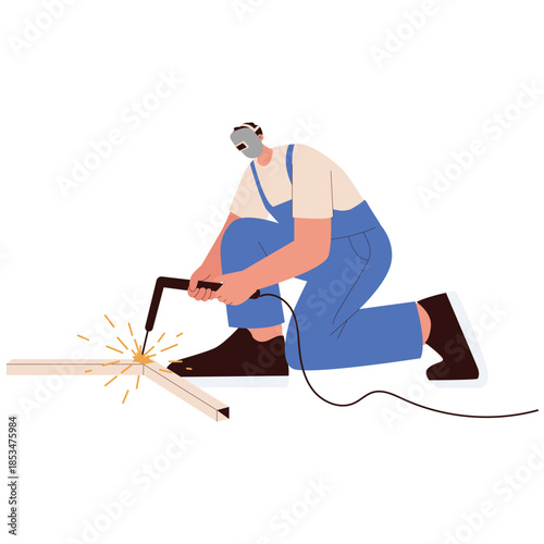 Flat illustration of a construction worker welding metal with safety mask and sparks during industrial repair work.