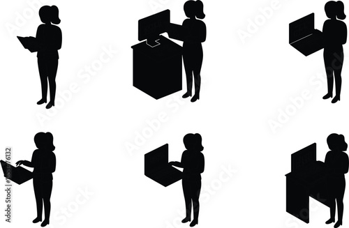 Laptop user isometric silhouettes, computer interaction, standing posture, black figures, desk setup, typing gesture, tech activity, digital workflow, screen focus
