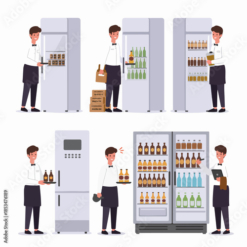 Set of illustrations depicting a service worker or waiter stocking and managing beverage inventory in commercial refrigerators, handling bottles and using a tablet.