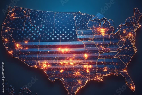 Map of the United States illuminated with American flag pattern and glowing lights