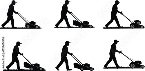 Lawn mower operator silhouettes, grass cutting motion, manual landscaping, black figures, outdoor maintenance, mowing posture, garden care, cap-wearing worker, yard work