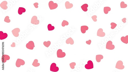 Seamless pattern of scattered pink and red hearts on a white background