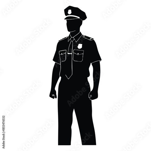 A cartoon silhouette of a police officer standing confidently in a simple, white background with a cute and modern design.
