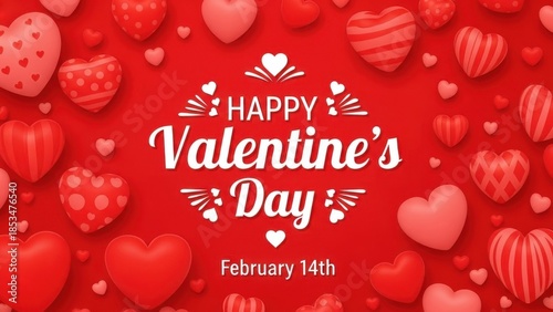 Vibrant red background filled with diverse heart shapes and the text 'Happy Valentine's Day February 14th', perfect for romantic celebrations.