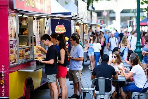 Bustling city street featuring vibrant food trucks and enthusiastic customers enjoying outdoor