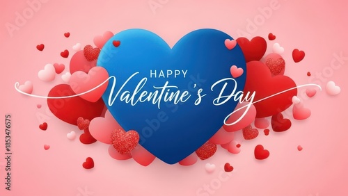 A large blue heart surrounded by smaller pink and red hearts, with 'Happy Valentine's Day' text, creating a charming and romantic composition.