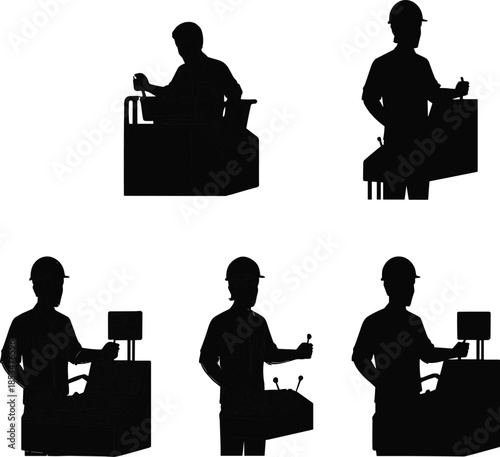 Machine operator silhouette, control panel work, industrial task, safety helmet, technical interface, manual operation, workplace automation, factory role, equipment handling, job posture