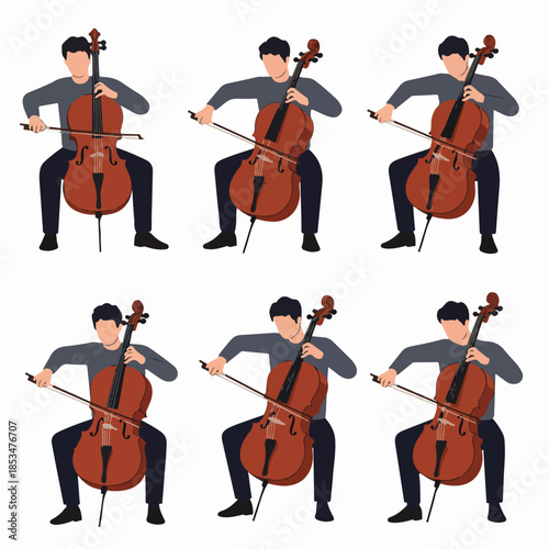 Vector pattern of a musician playing the cello. Six identical flat illustrations of a cellist performing classical music on a white background.