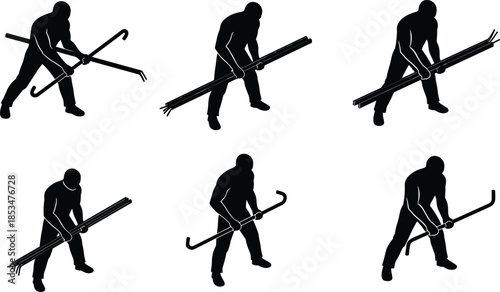 Metal rod handling silhouettes, manual labor posture, crowbar technique, black figures, lifting stance, pipe manipulation, ergonomic safety, industrial action, tool use