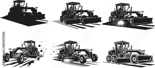 Motor grader silhouette, construction vehicle, road leveling, grading machine, industrial equipment, motion effects, debris flying, black illustration, dynamic posture