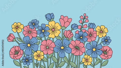 Colorful Stylized Flower Bed Illustration on Light Blue Background, Vibrant Spring Blossoms in Flat Design, Cheerful Floral Vector Art
