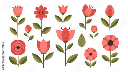 Stylized Flat Design Flower and Leaf Vector Collection: Modern Botanical Icons in Coral Pink and Olive Green on White