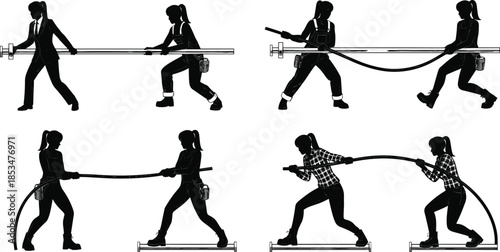 Pipe handling silhouette, teamwork effort, hose coordination, industrial struggle, dual worker pose, ergonomic motion, construction tools, pulling action, workwear contrast, dynamic interaction