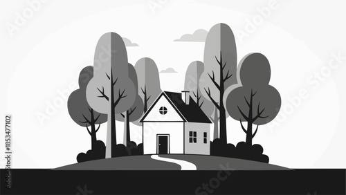 Minimalist Illustration of a Charming House Surrounded by Trees.