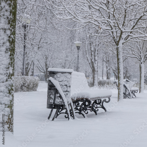 Snow Covered Benches in Winter City Park