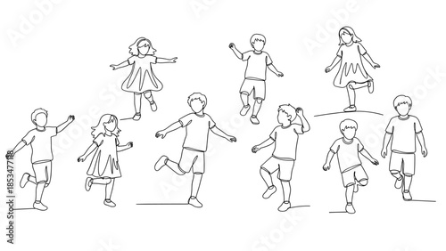 Energetic Kids in Playful Poses: Continuous Line Art Collection of Diverse Children Moving and Dancing