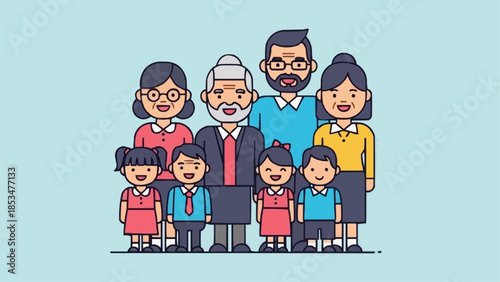 Diverse multi-generational family posing together happily.
