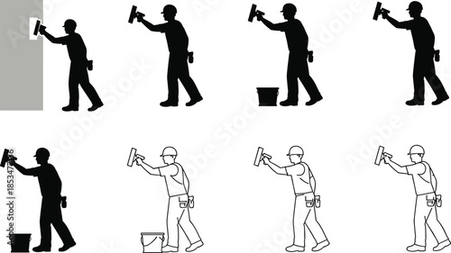 Plastering wall illustration sequence, construction worker silhouettes, trowel technique, safety gear, line-to-silhouette transition, black figures, instructional art, material application