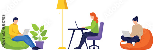 Flat vector illustration of professional young women working on laptops at modern office desks with a green lamp.