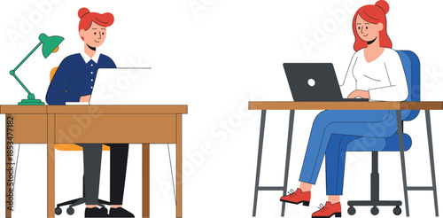 Flat vector illustration of professional women working on laptops at desks in a modern office or remote workspace environment.