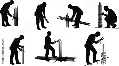 Rebar Installation Silhouettes with Construction Workers and Tools, Black Figures in Structural Assembly Poses, Concrete Reinforcement Process, Industrial Task Sequence