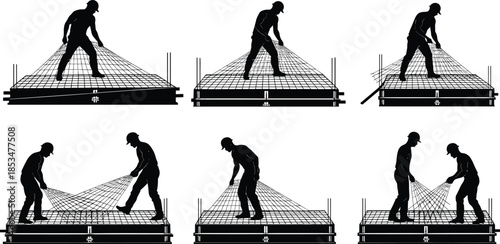 Rebar mesh installation silhouettes, concrete slab reinforcement, construction worker posture, black figures, manual adjustment, structural setup, safety gear, formwork handling