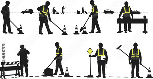 Road construction silhouette, maintenance worker tasks, safety vest, helmet gear, sweeping action, traffic cone setup, sign handling, urban jobsite, public infrastructure, roadside coordination