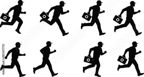 Running silhouette sequence, medical urgency, emergency responder, briefcase icon, motion stages, cap figure, dynamic posture, healthcare sprint, urgency gesture, action loop