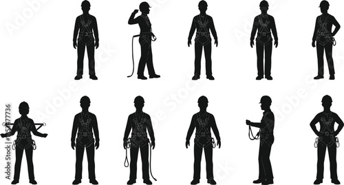 Safety harness silhouettes, fall protection gear, industrial worker posture, black figures, strap adjustment, rope handling, inspection stance, construction safety