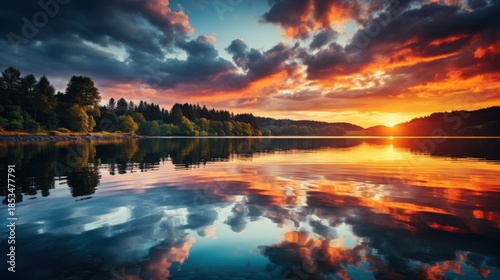 Wallpaper Mural Beautiful sunset reflected on calm lake surrounded by lush trees in a serene natural landscape during golden hour Torontodigital.ca