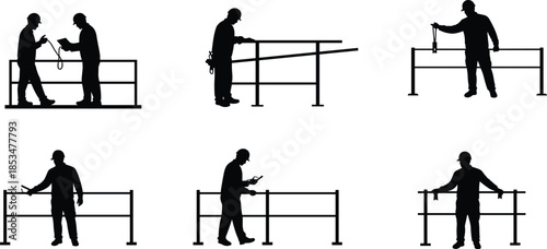 Safety Railing Installation Silhouettes with Construction Workers and Tools, Black Figures in Setup and Inspection Poses, Jobsite Protection Sequence