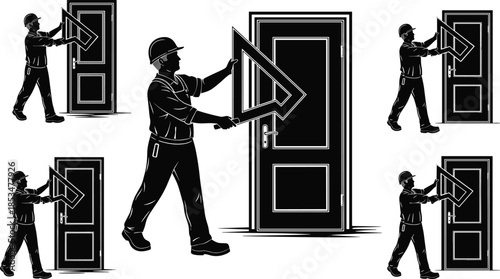Silhouette construction worker, triangular ruler, door alignment, precision measuring, architectural drafting, hard hat, black illustration, engineering posture, repeated figure