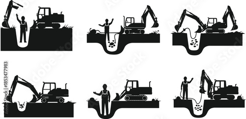 Silhouette excavator, bulldozer trench work, construction teamwork, rock dumping, worker gesture, black illustration, machinery interaction, excavation scene, industrial site