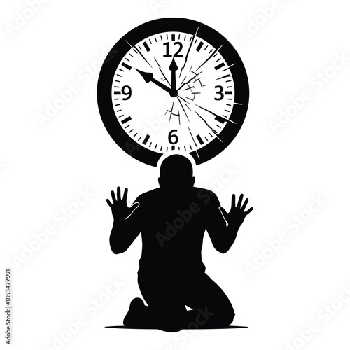 Man overwhelmed by large clock on his head