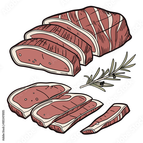 Raw Meat Cuts Neatly Arranged  Flat Vector  Isolat (2) Vector Illustration