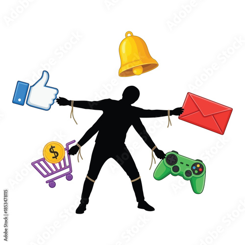 Person tied up with multiple digital distractions surrounding them