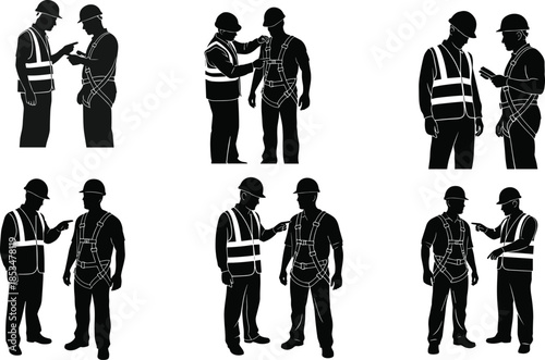 Silhouette safety inspection, construction workers, PPE check, hard hat, safety vest, harness adjustment, teamwork, black illustration, workplace protection, gear review