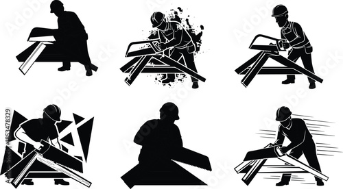 Silhouette wood sawing, construction workers, hand saw action, manual labor, craftsmanship, hard hat, black illustration, motion effects, abstract background
