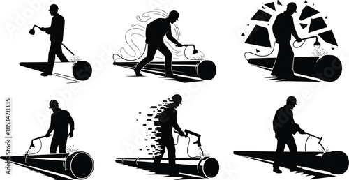 Silhouette welding, pipe fabrication, industrial sparks, artistic effects, pixelated welder, energy swirl, fragmented style, black illustration, construction worker, torch action