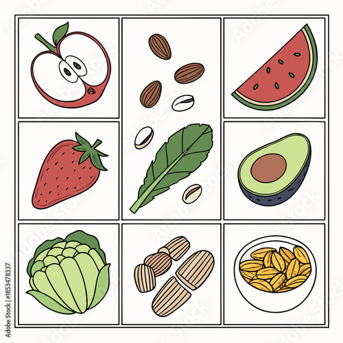 Raw Food Ingredients Organized In Grid Composition (3) Vector Illustration