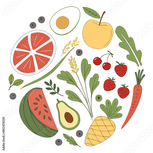 Fresh Food Ingredients Arranged In Circular Balanc (1) Vector Illustration
