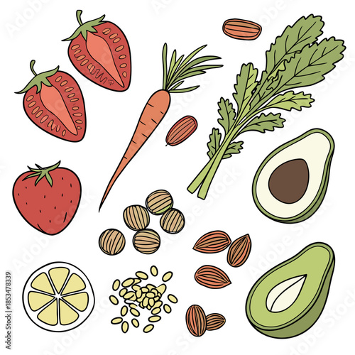 Raw Food Ingredients Organized In Grid Composition Vector Illustration