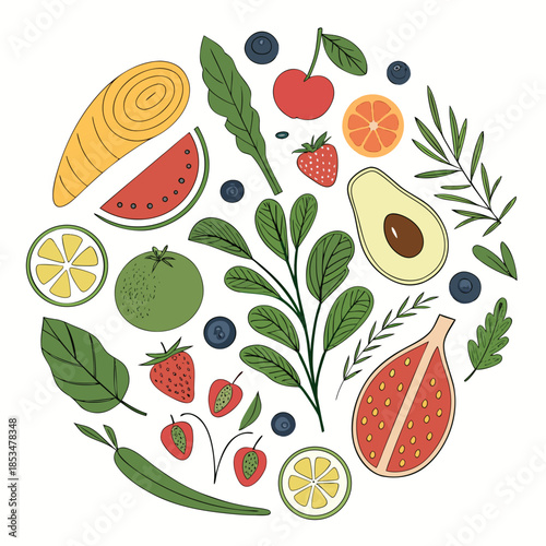 Fresh Food Ingredients Arranged In Circular Balanc Vector Illustration