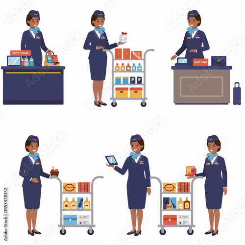 African-American Flight Attendant Illustrations: Cabin Crew Managing In-Flight Duty-Free Retail, Sales, and Beverage Cart Service during commercial air travel.