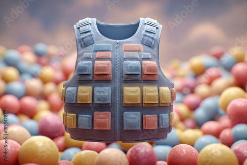 Colorful tactical vest with pastel pouches floating over soft balls