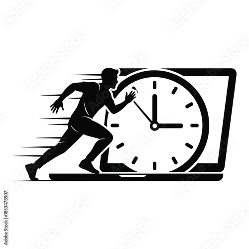Man running fast next to clock on laptop