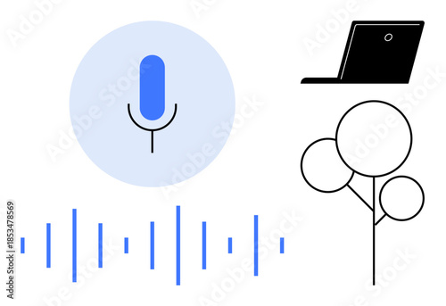 Speech recognition, AI communication tools, sound processing, digital technology, voice interaction, modern interfaces. Microphone with sound wave, laptop and tree symbols. Speech recognition and AI